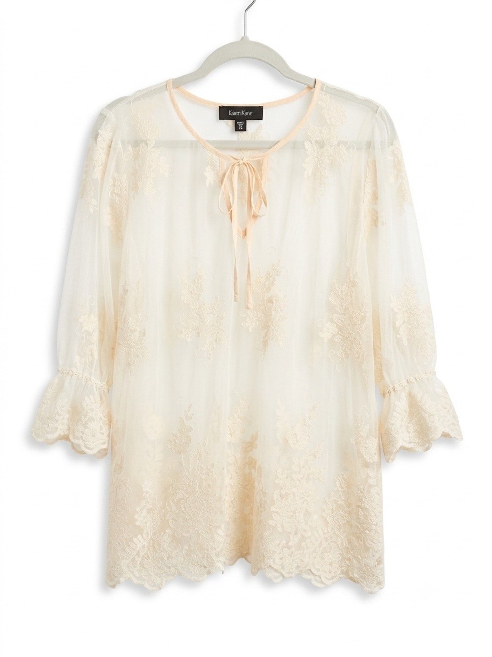 Whimsical Cream Lace Blouse Romantic Feminine Tie Front 3/4 sleeve Size 0X