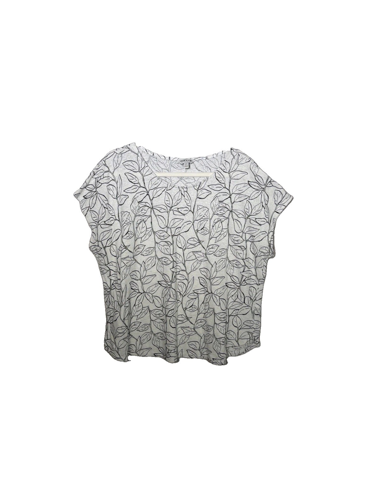 Orvis Classic Top Womens XL White/ Blk Leaf Print Linen Blend T-Shirt Cap Sleeve