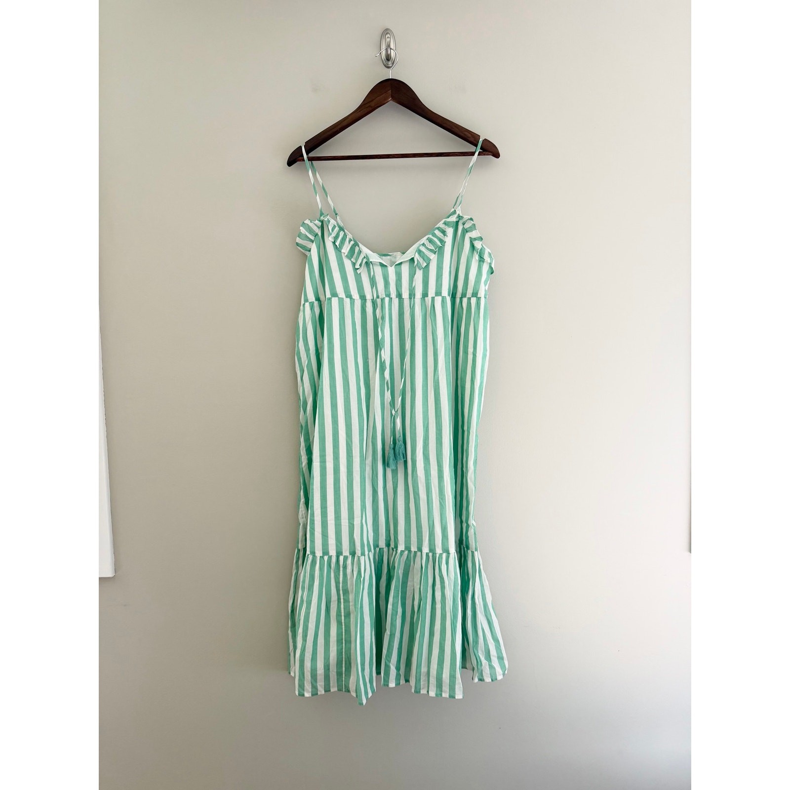 J. CREW FACTORY Ruffle Tiered Maxi Cover-Up Dress in Green White Size Medium