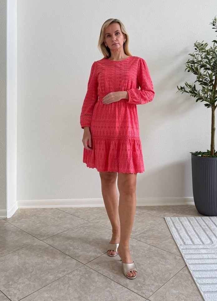 J.Crew Pink Eyelet Cotton Tiered Mini Dress Women’s 4 Long Sleeve Slip Lined
