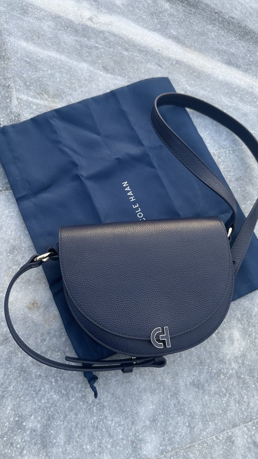 Cole Haan Evie Leather Saddle Bag Dark Navy Blue