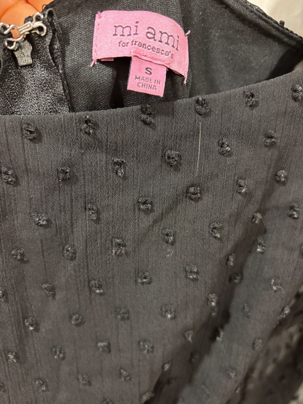 Mi Ami black poka dot mini dress with sheer sleeves/square neckline in size smal
