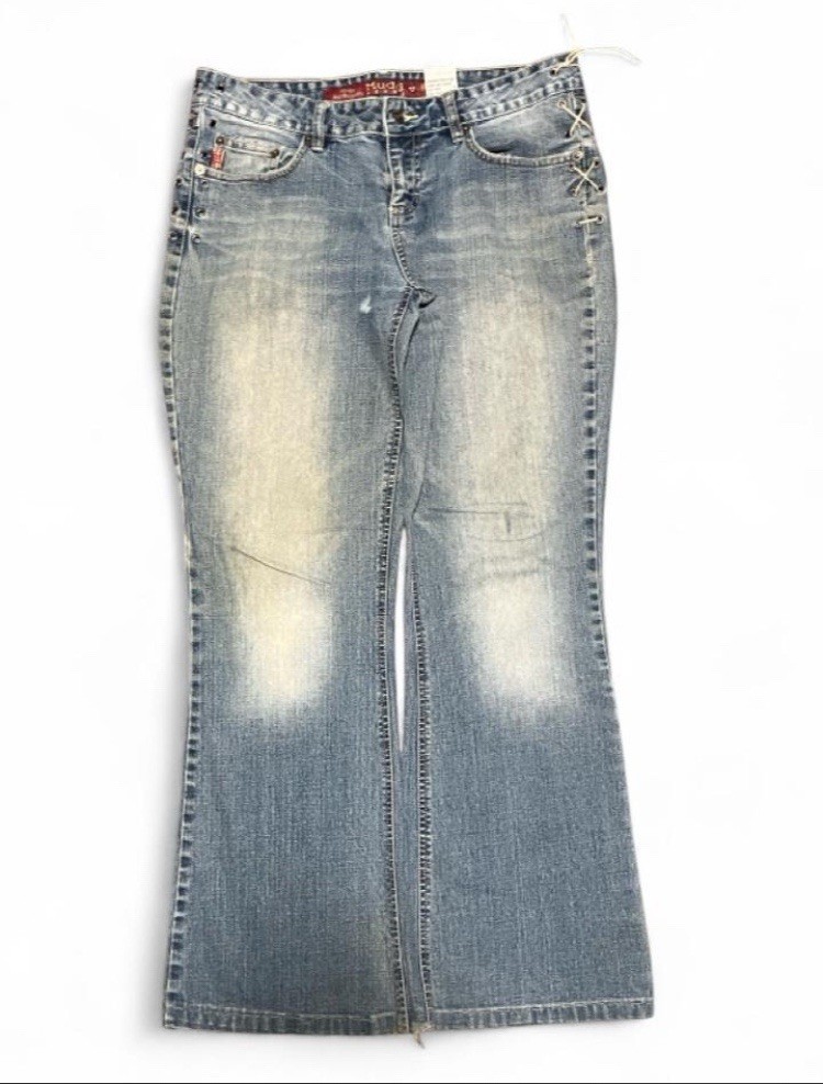 Y2K Mudd Womens Denim Jeans Size 11 Light Wash Blue Bootcut Lace-Up Eyelet [BIO]