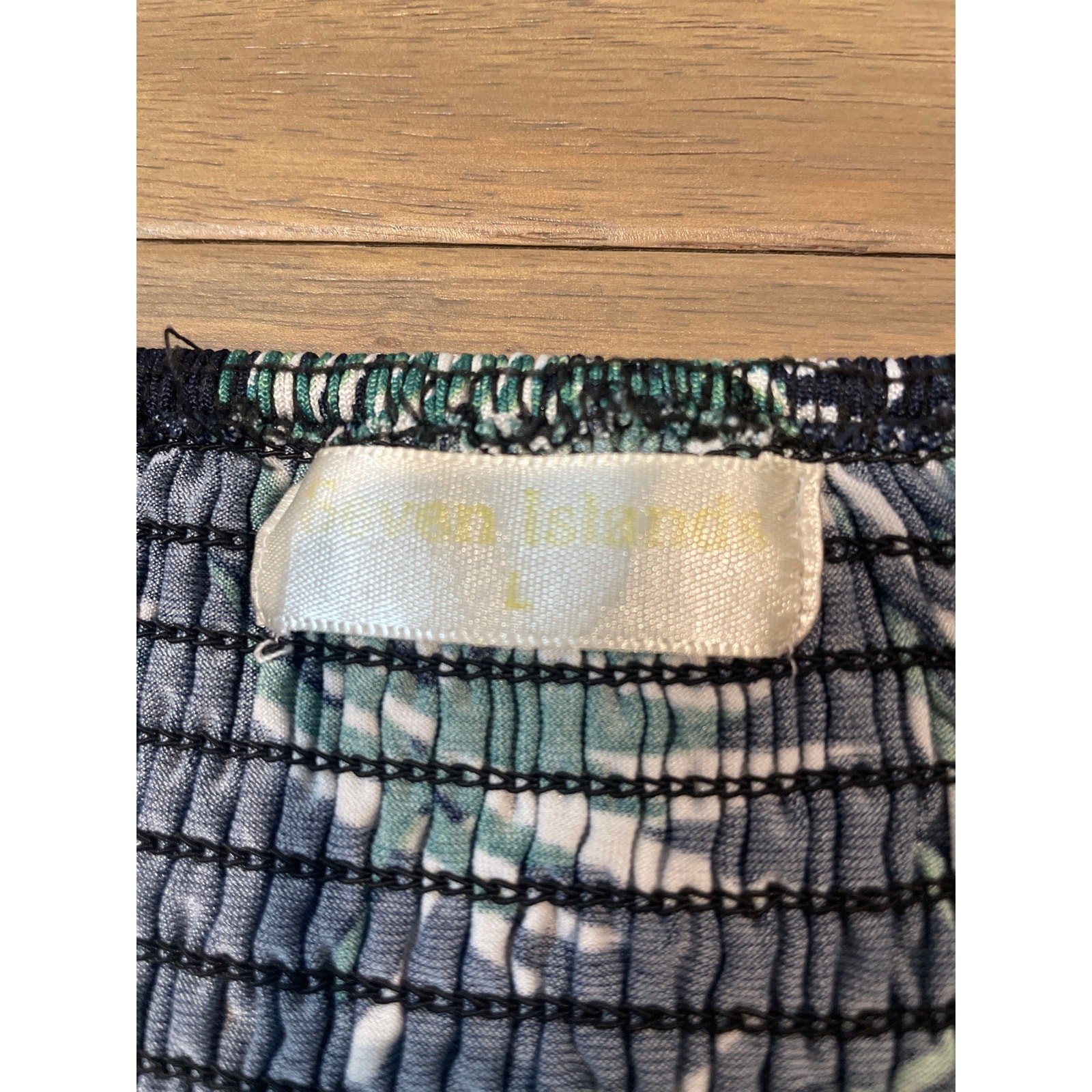 Seven Islands Size L Navy Blue Maxi Dress Green Tropical Leaf Print Short Sleeve