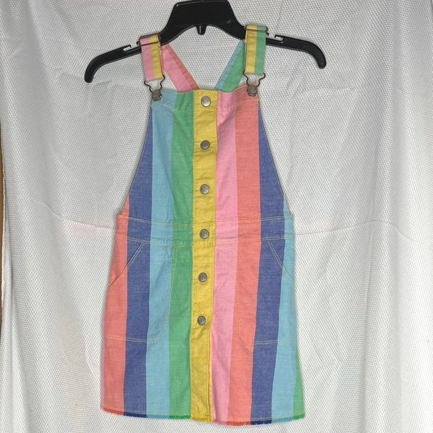 Boden Rainbow Denim Little Girls Overall Dress NWT Button Front Pockets Summer