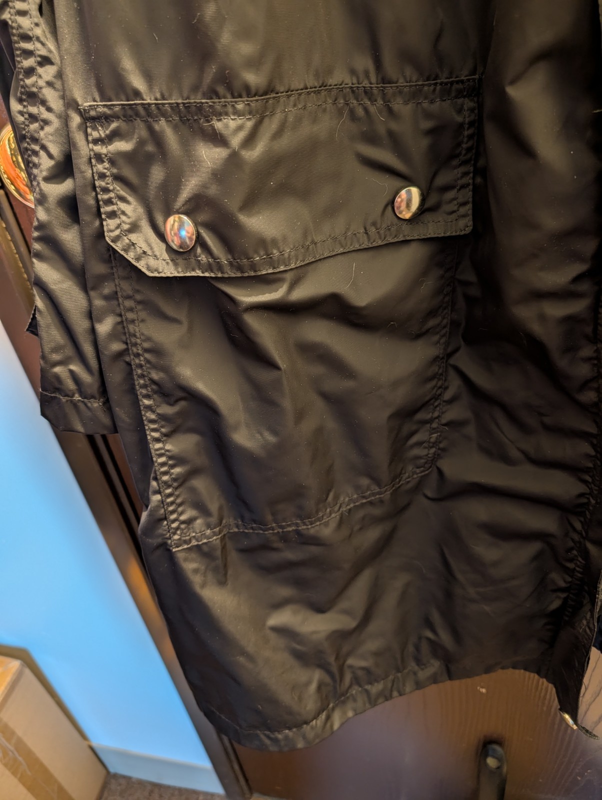 NWOT Ellos Size 32, Hooded Long Jacket, Blck, Hip Pockets, Full Zip & Snap 0324B