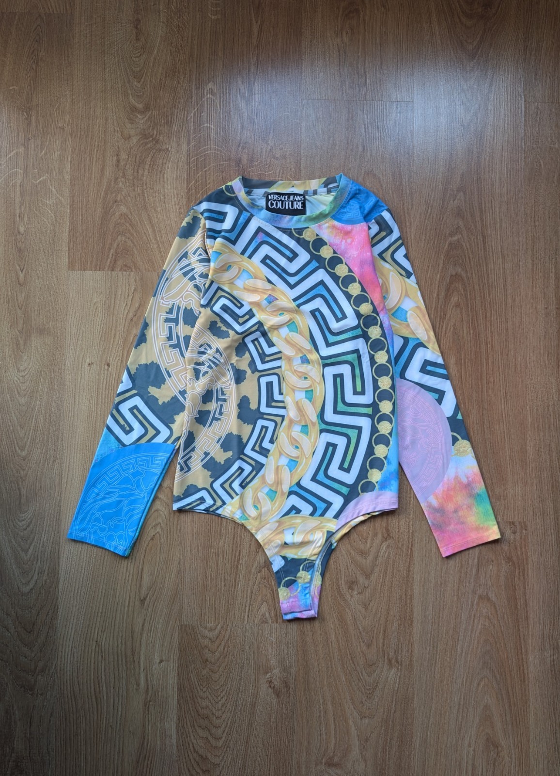 Versace Jeans Couture Baroque Chain Print Bodysuit Long Sleeve Medusa Greek Key