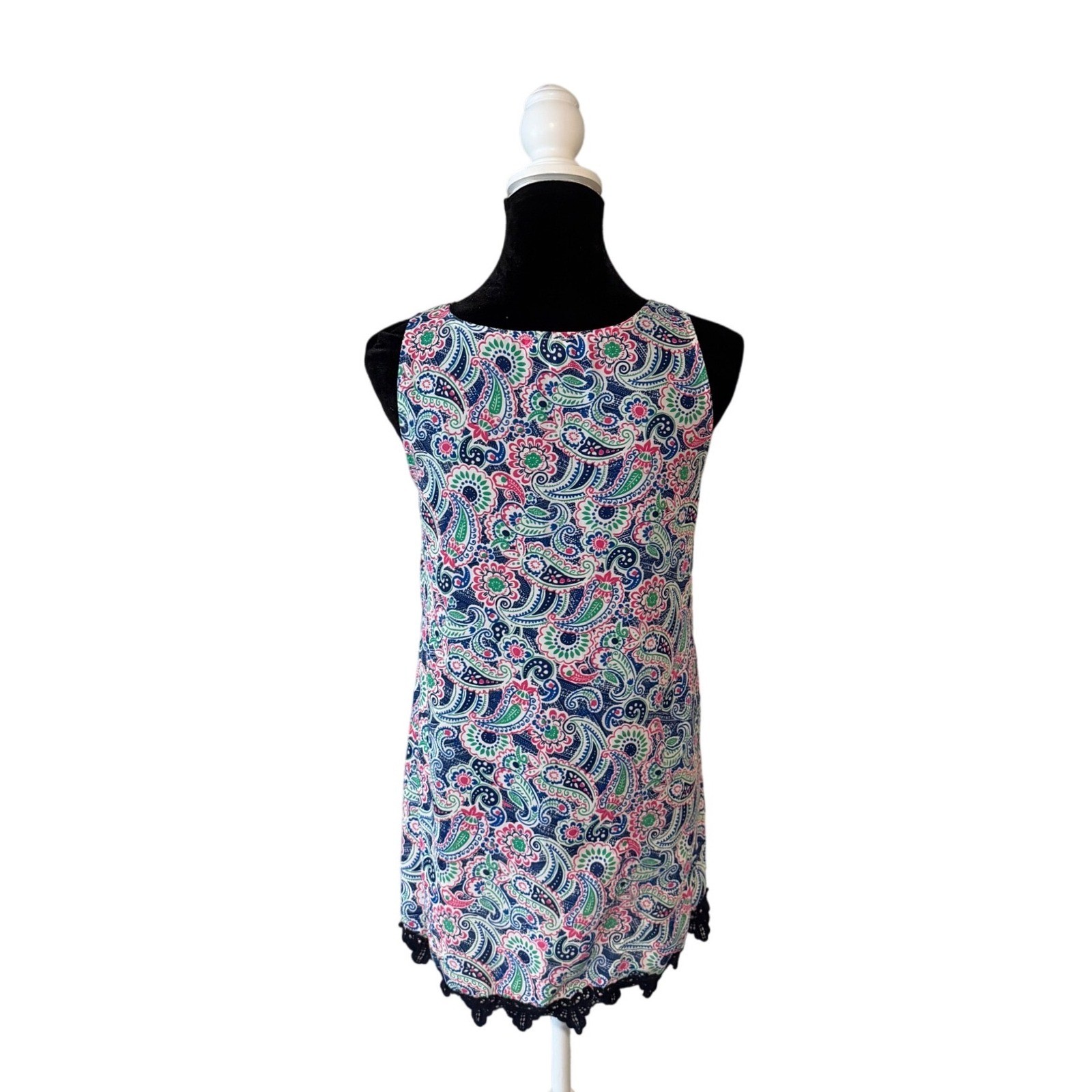 Womens Paisley Sleeveless Tunic Top Crochet Hem Boho Coastal Preppy Size M