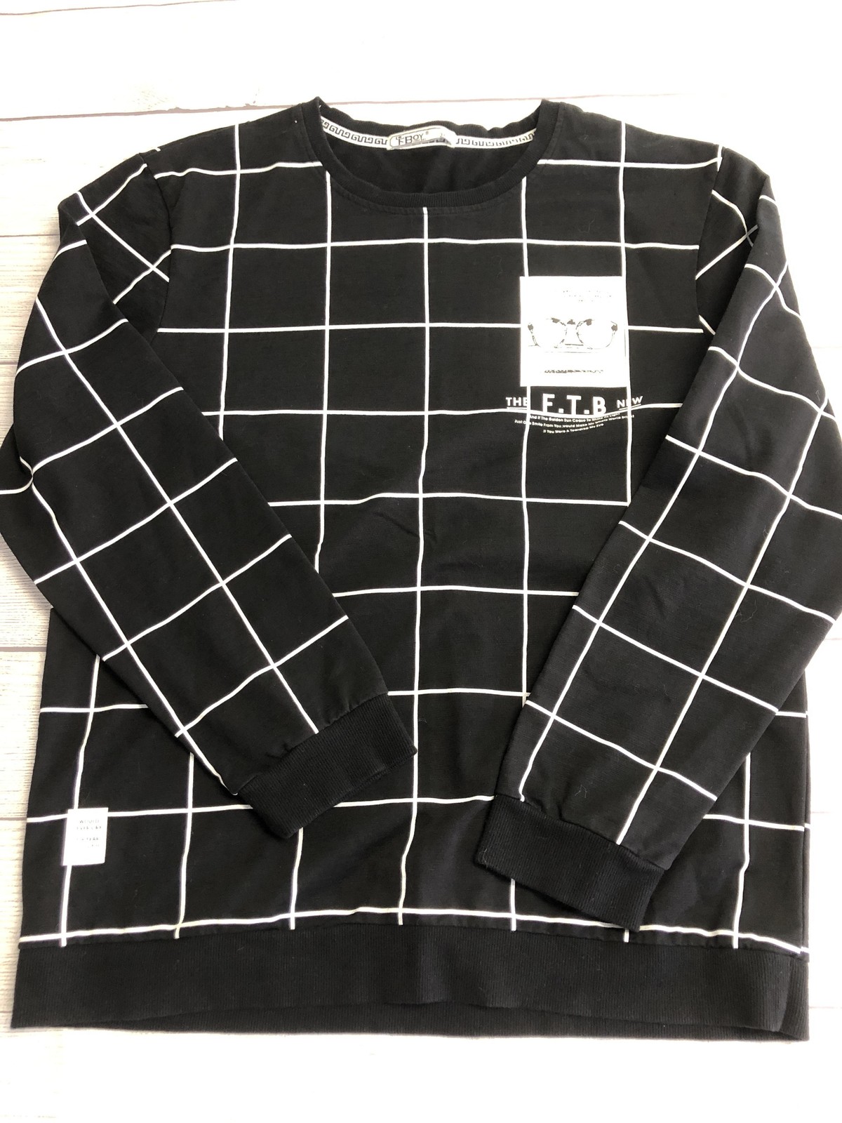 FBOY FIRSTBOY Sweatshirt Mens 3XL Black White Grid Crewneck Graphic Pullover