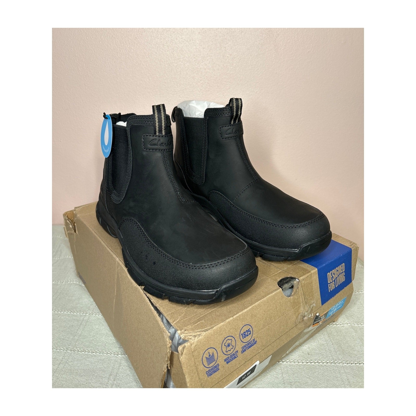 Clarks Men’s Walpath Easy Chelsea Boot Black Leather Size 12 W Waterproof New