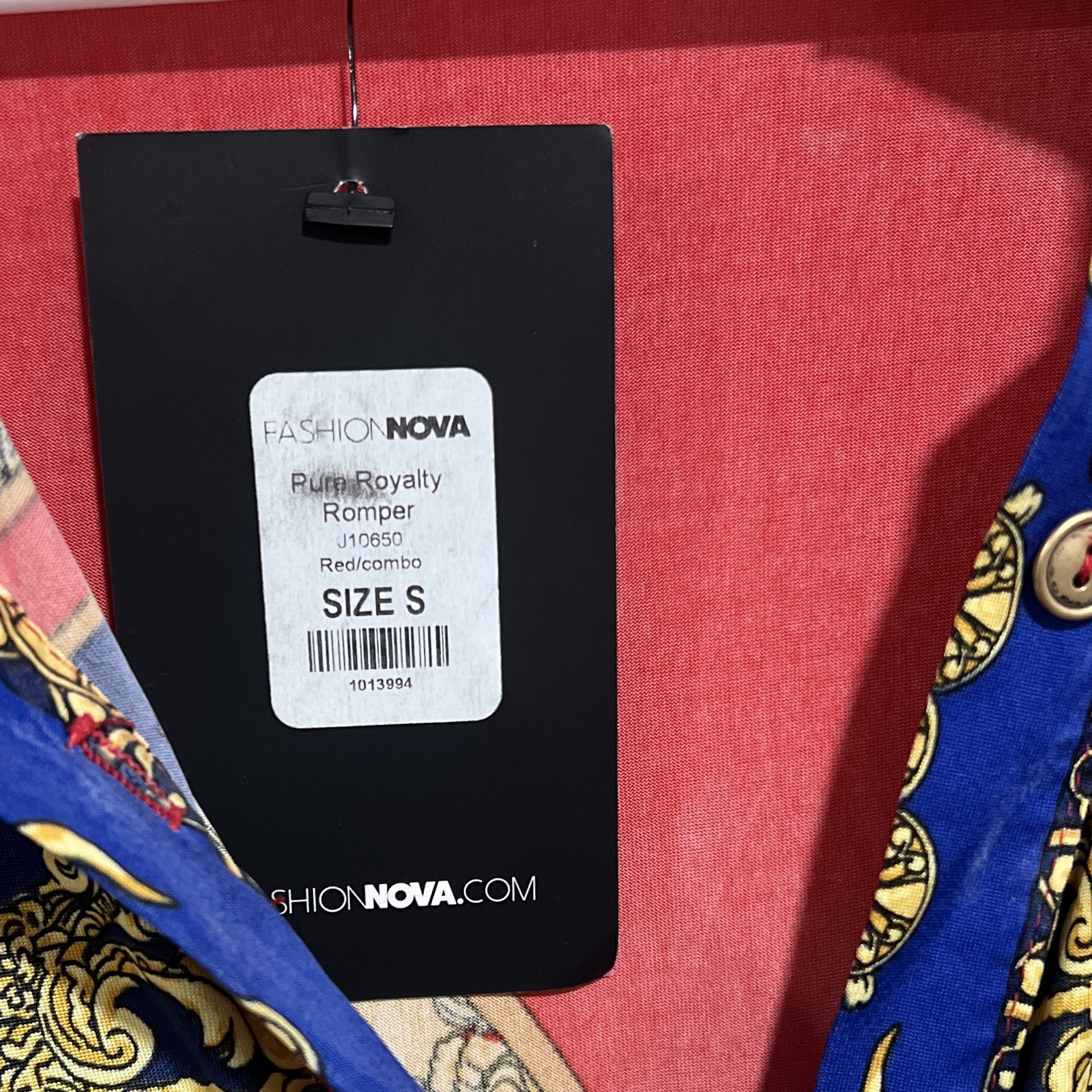 Fashion Nova Baroque Print Long Sleeve Collared Romper Red Combo Size S J10650