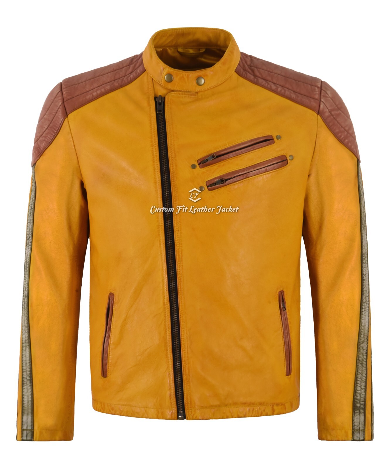 Men’s Racer Style Real Soft Leather Jacket Yellow Classic Motocross Biker Jacket