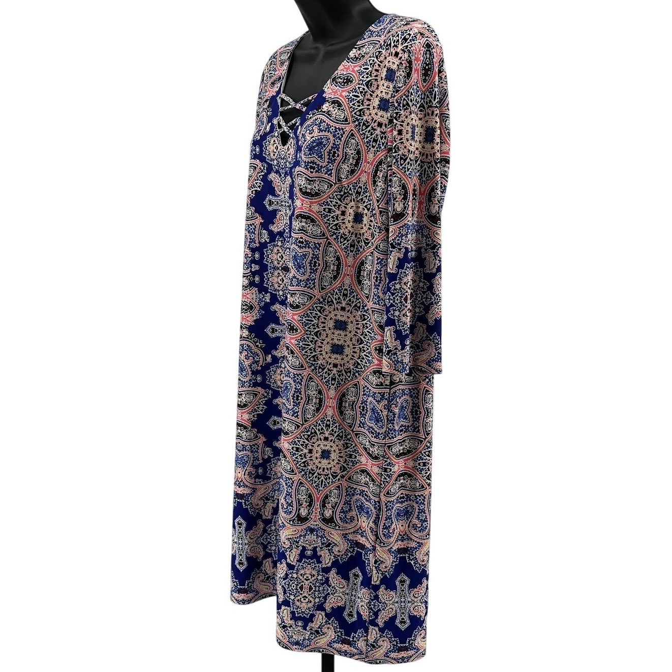 WISP Shift Dress Womens 12 Blue Tribal Print 3/4 Sleeves Lined Pullover Stretch