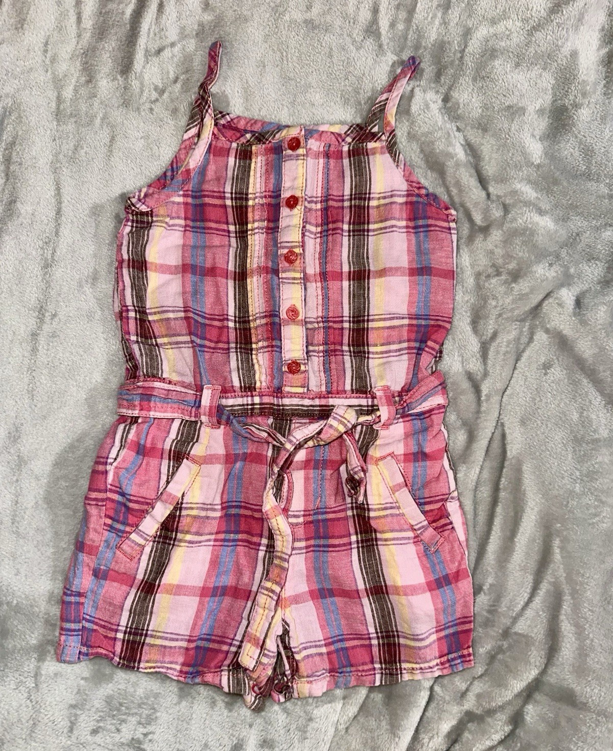 Old Navy Girls Romper One-Piece Sleeveless Pink Plaid Woven Cotton Belted 5T