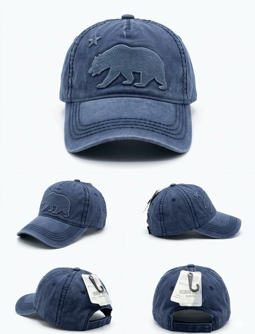 California Bear Embrodery Baseball Cap Washed Cotton Adjustable Unisex Adult Hat