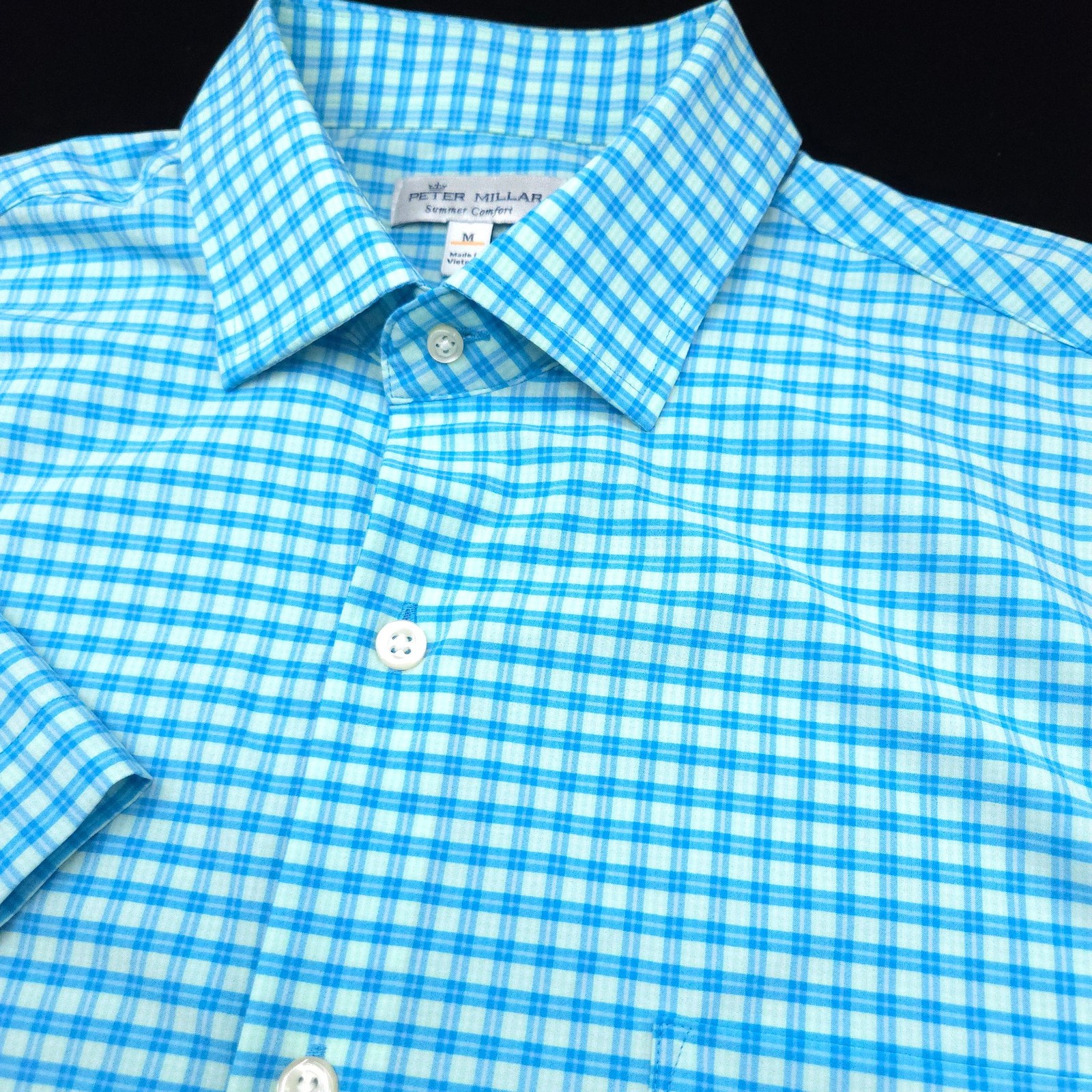 Peter Millar -Summer Comfort Button Shirt -M Aqua Blue Short Sleeve Nylon Poly