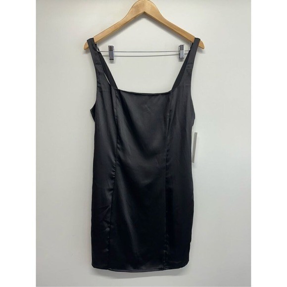 AQUA Mini Satin Dress Size Large Black Square Neck Sleeves Exclusive NEW