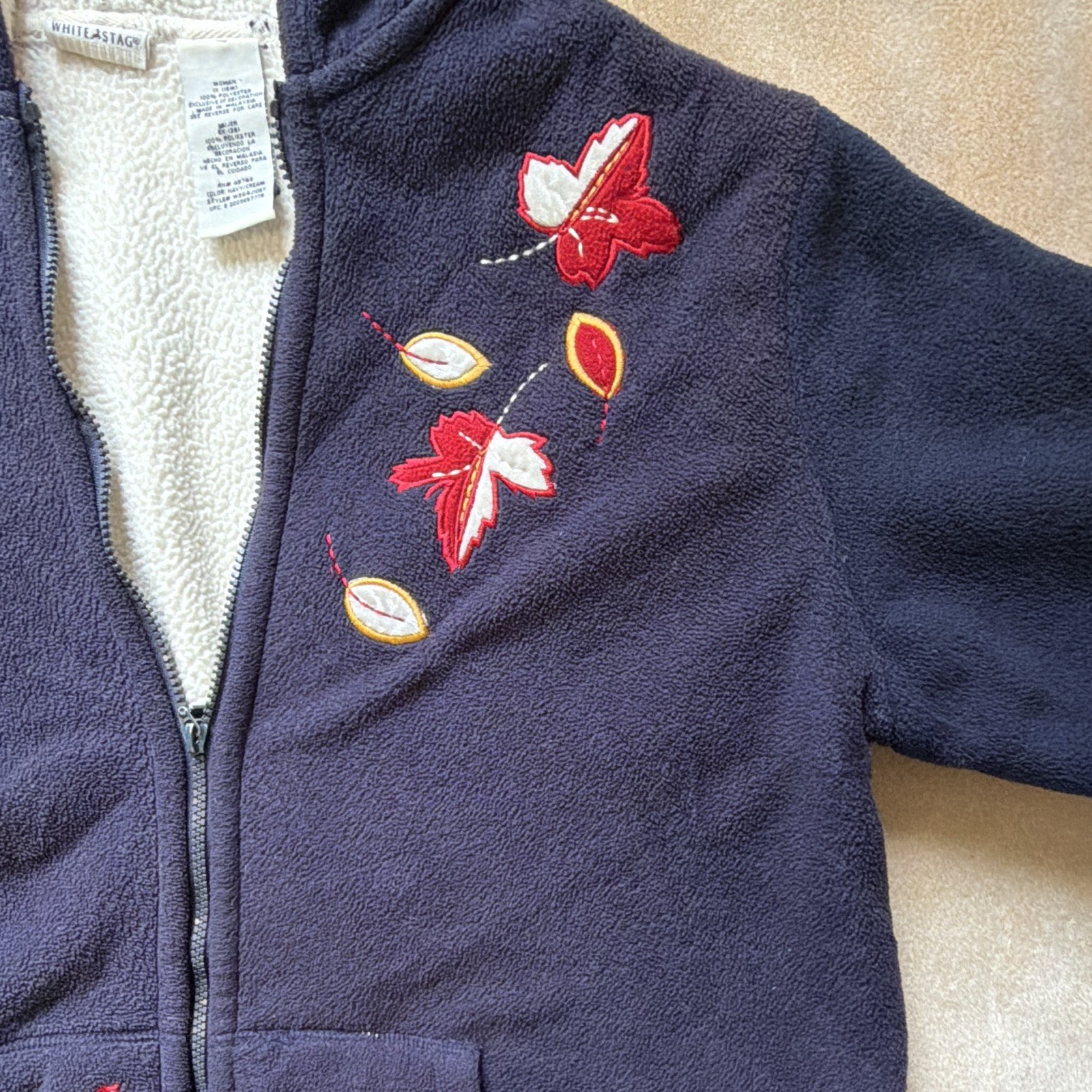 White Stag Women’s 1X Full Zip Fleece Hoodie Embroidered Leaf Pocket Navy