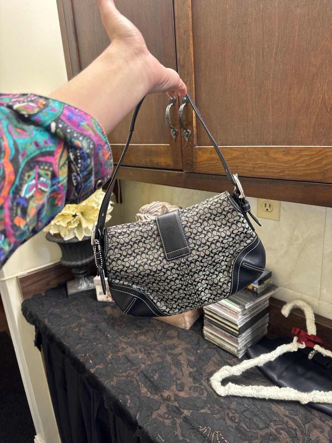 Coach Soho Signature Buckle Flap Bag Black/Grey Canvas 6818
