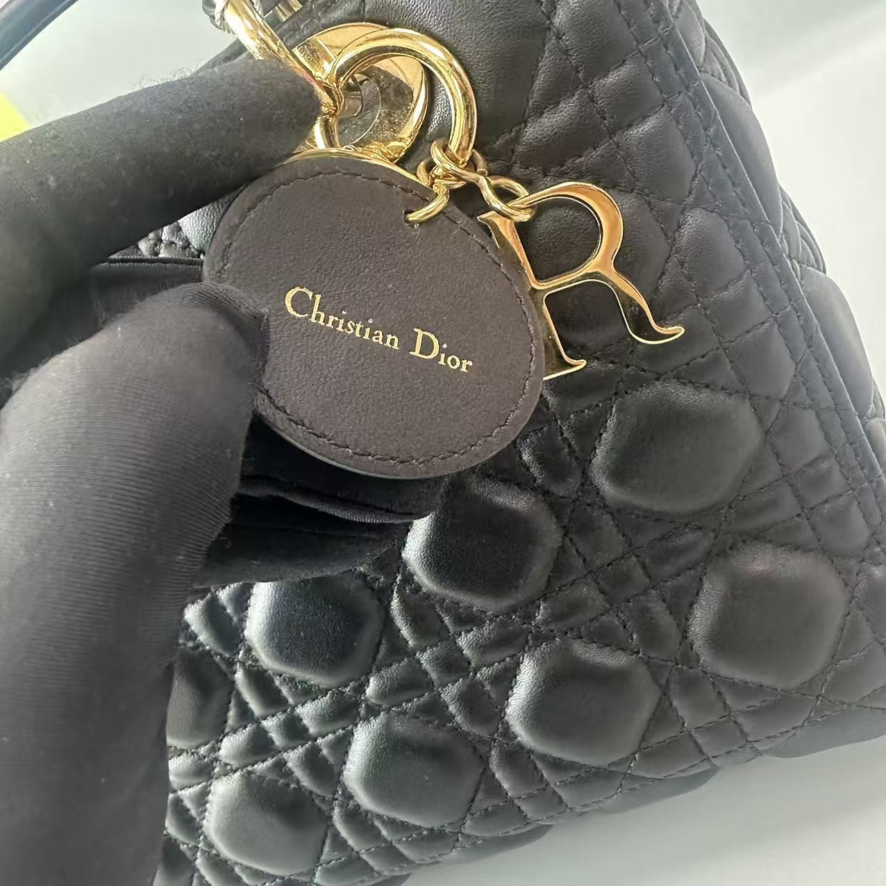 Auth Christian Dior Lady Dior Medium Black Lambskin Gold Hardware Handbag