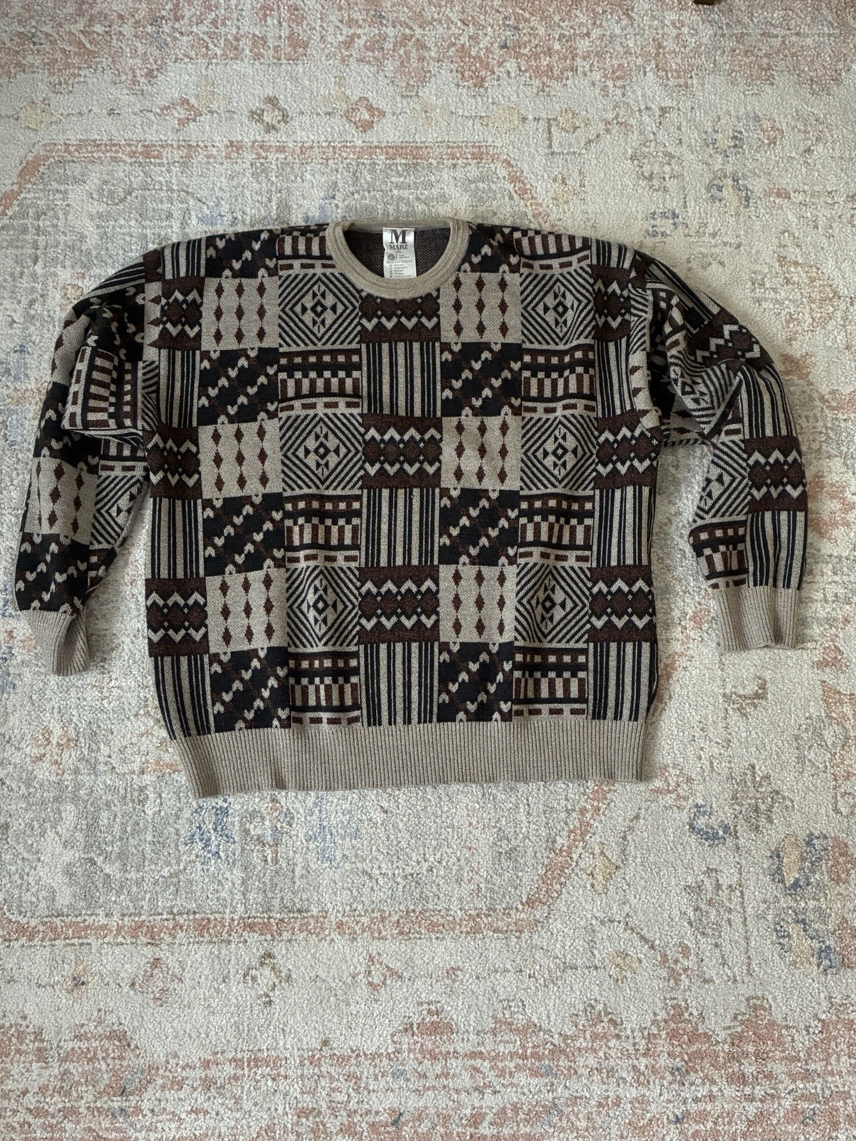 VTG Marz Munchen 100% Wool Geometric Patchwork Knit Grandpa Sweater