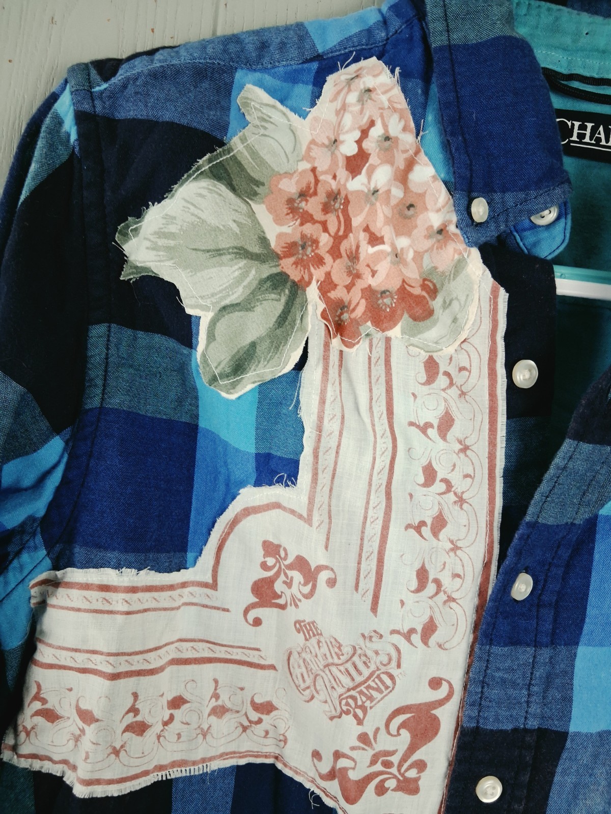 Upcycled Flannel Shirt Shacket Womens M Bleached Mushrooms Lace Crochet Cottage