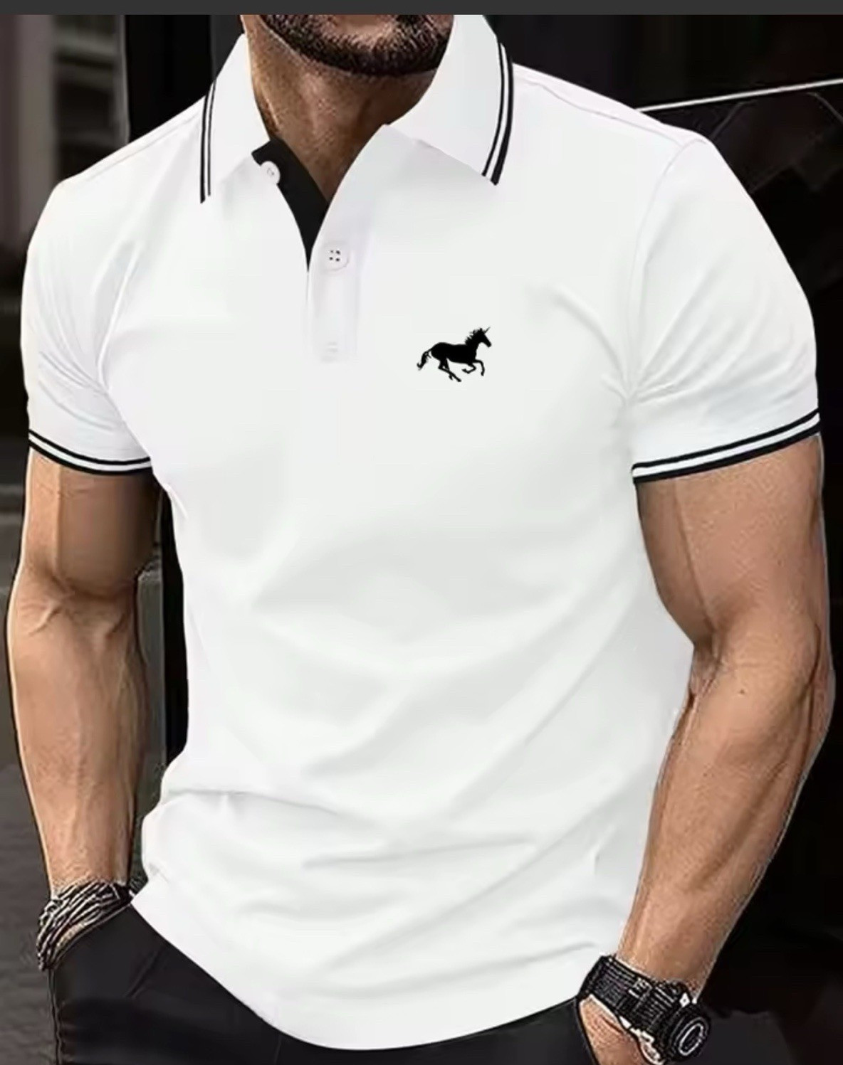 Men’s L White/Black Solid Short Sleeve Collared Polo Slim Cotton Horse Logo