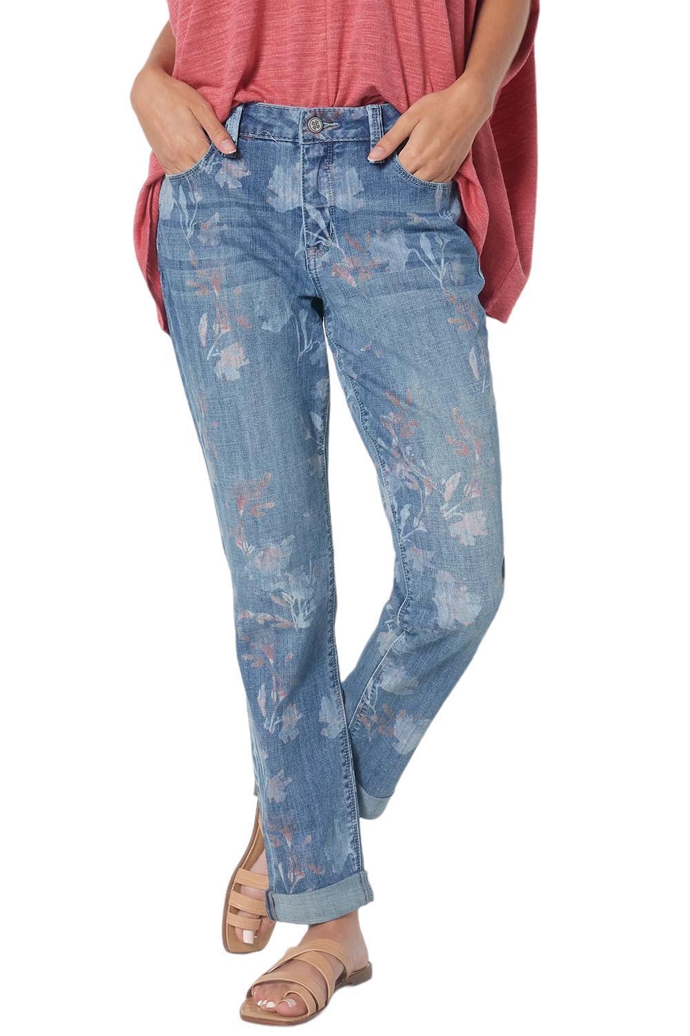 Laurie Felt Classic Denim Floral Boyfriend Jeans Medium Wash