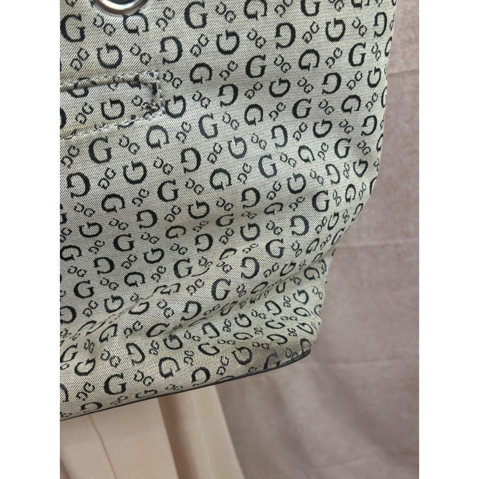 Guess Monogram Logo Canvas Tote Bag Black Tan Zip Top Shoulder Bag