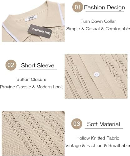 Coofandy Men’s Knit Button Down Mens Shirt Vintage Polo Shirts Casual