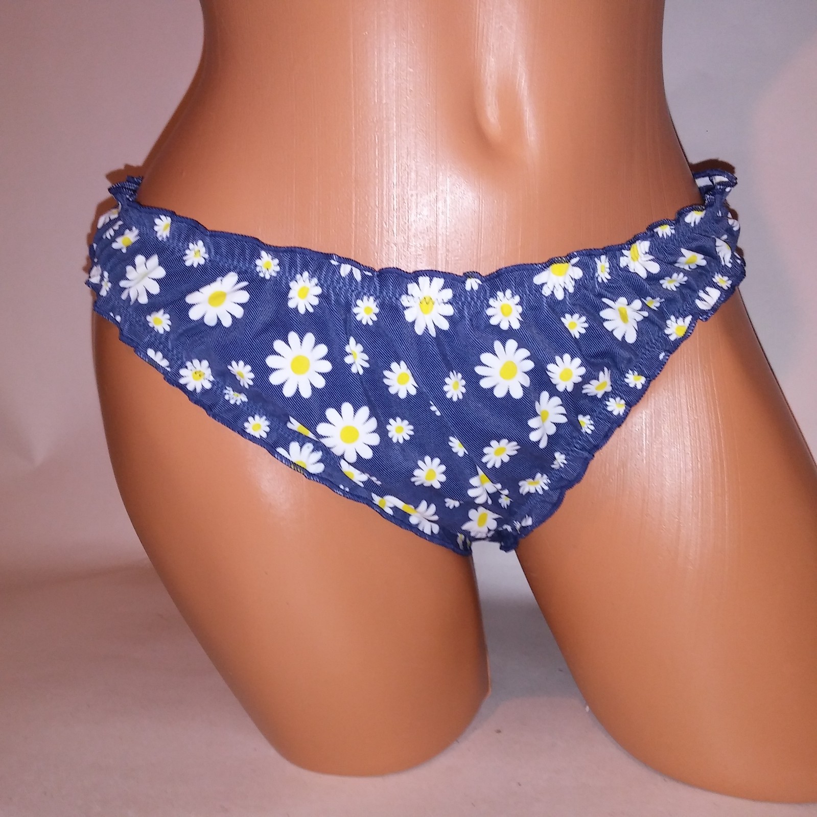 Victoria Secret PINK Swim Bikini Bottom Blue White Ruffle Cheeky Daisy Floral