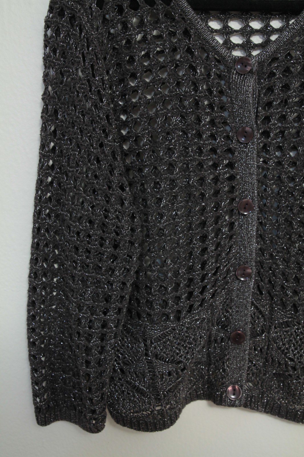 Jeanne Pierre Crochet Open Knit Sweater Women’s Metalized Silver/Grey Yarn Large
