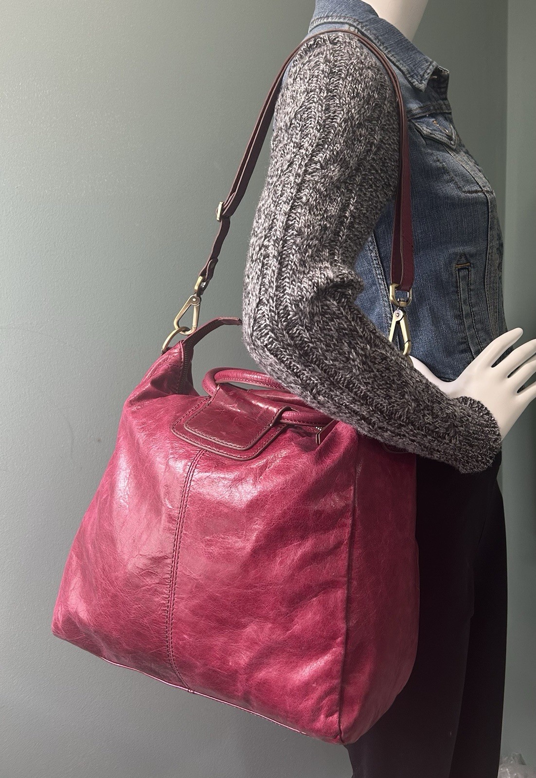 HOBO INTERNATIONAL Sheila XLG Crossbody/Satchel Polished Raspberry Red Leather