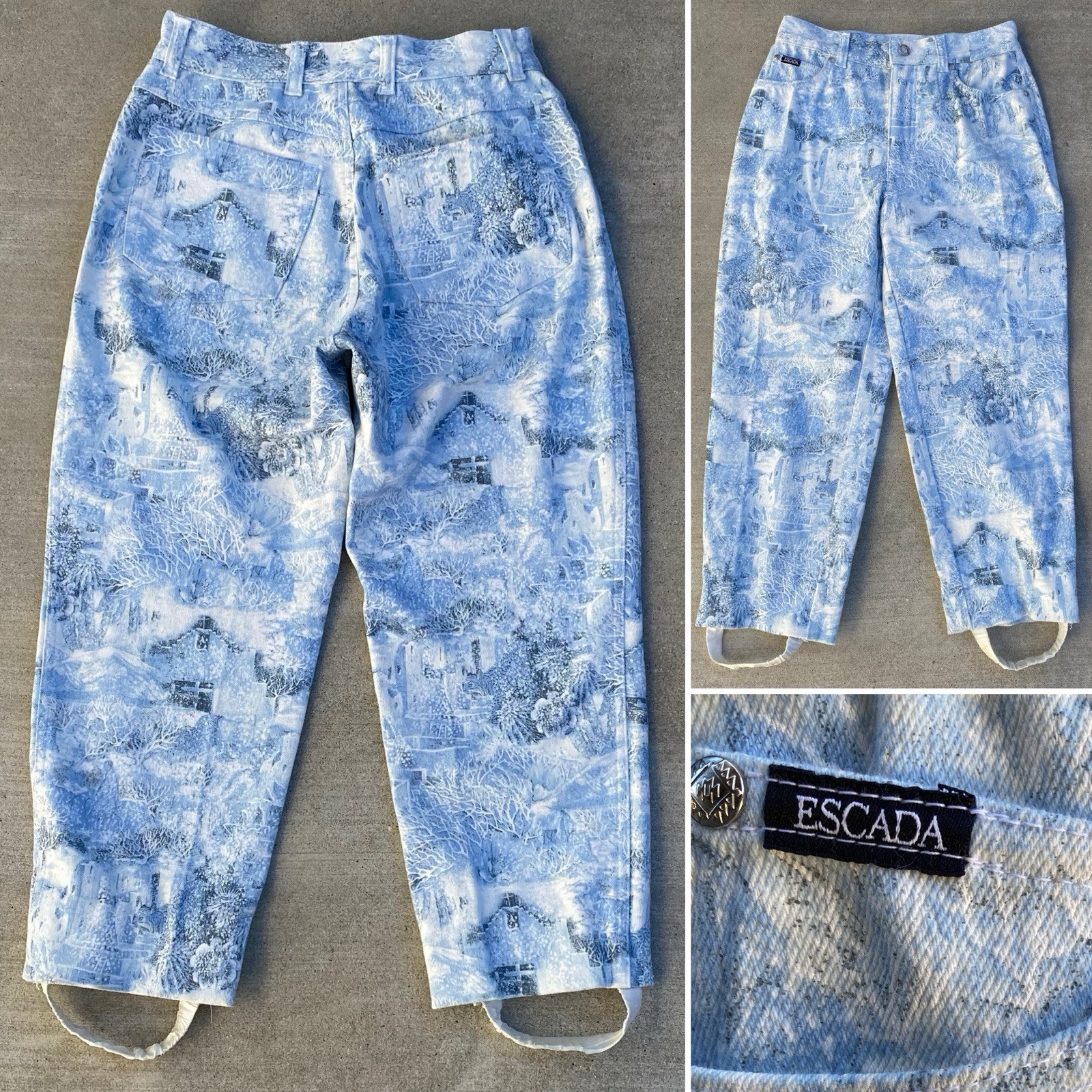 Escada Jeans All Over Print AOP Light Blue Etc On White Stirrup At Leg Hem 30 in