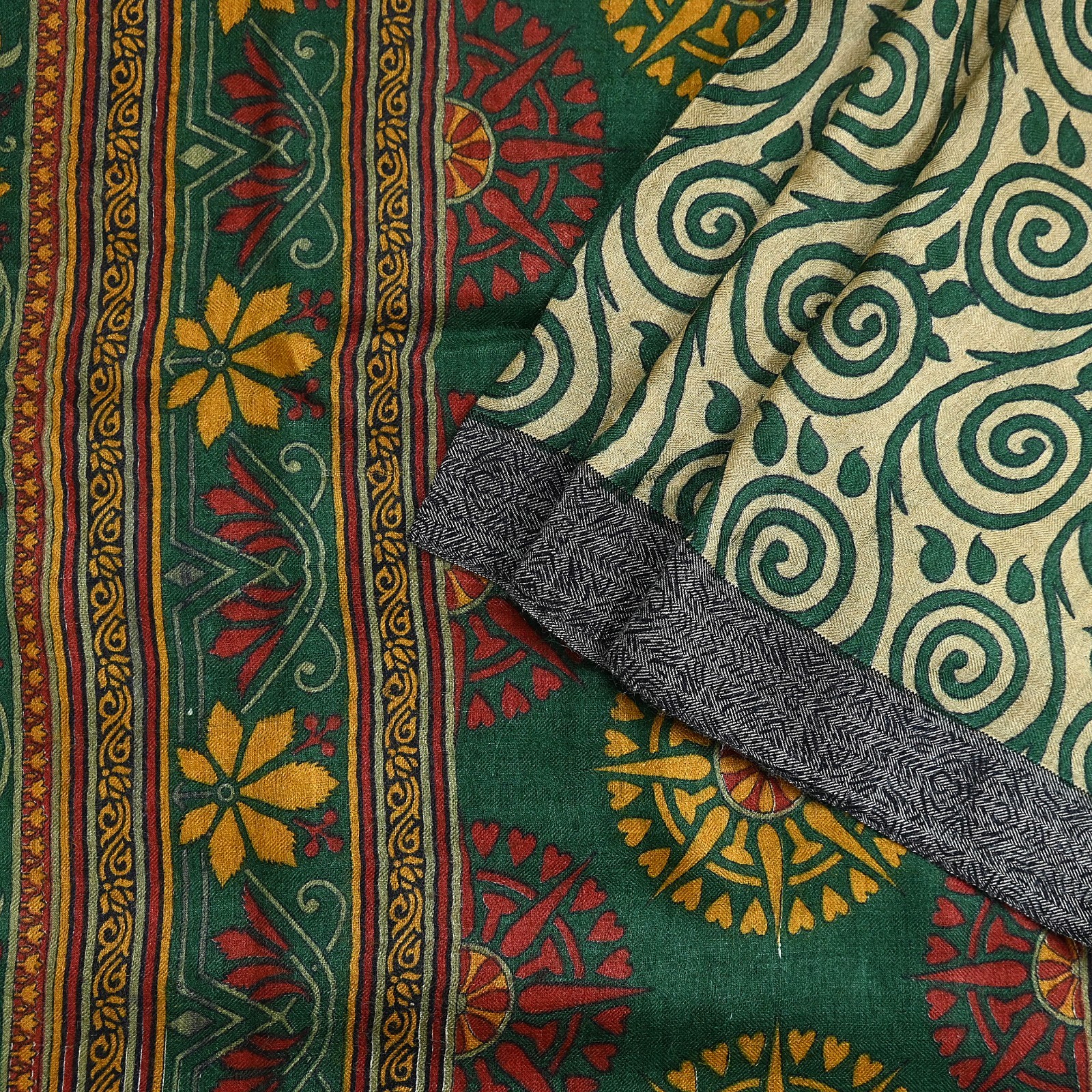 Vintage Beige Green Wool Saree Indian Pure Wool Floral Woven Fabric 6 Yard Soft