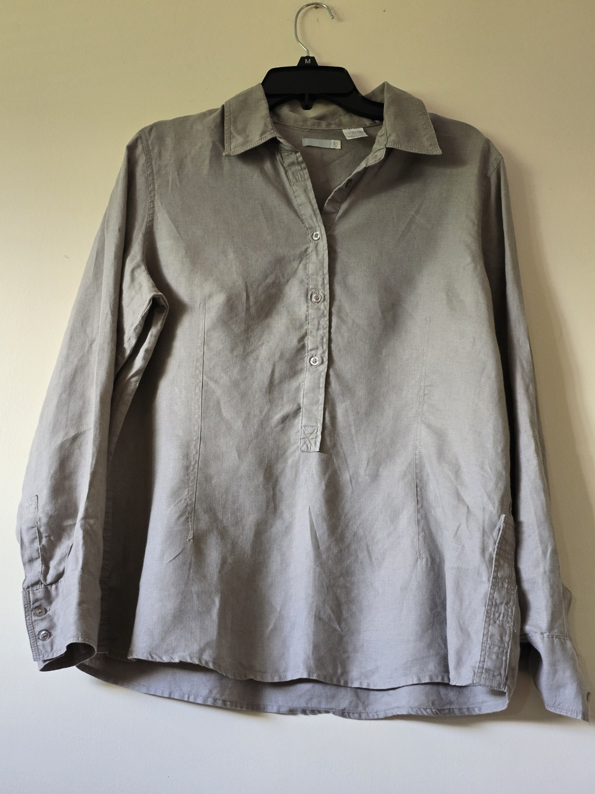 Linen Popover Shirt Women SzM/L Long Sleeve Taupe Lagenlook Cottagecore