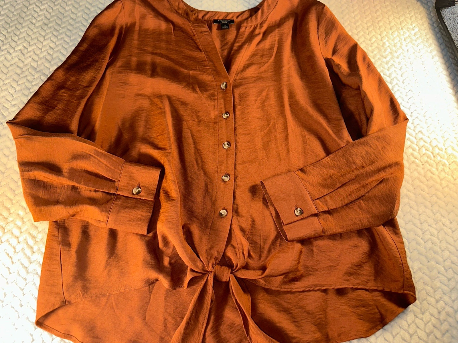 Ann Taylor Women’s Brown Tie Front Roll Tab Sleeves Blouse Top Sz LP