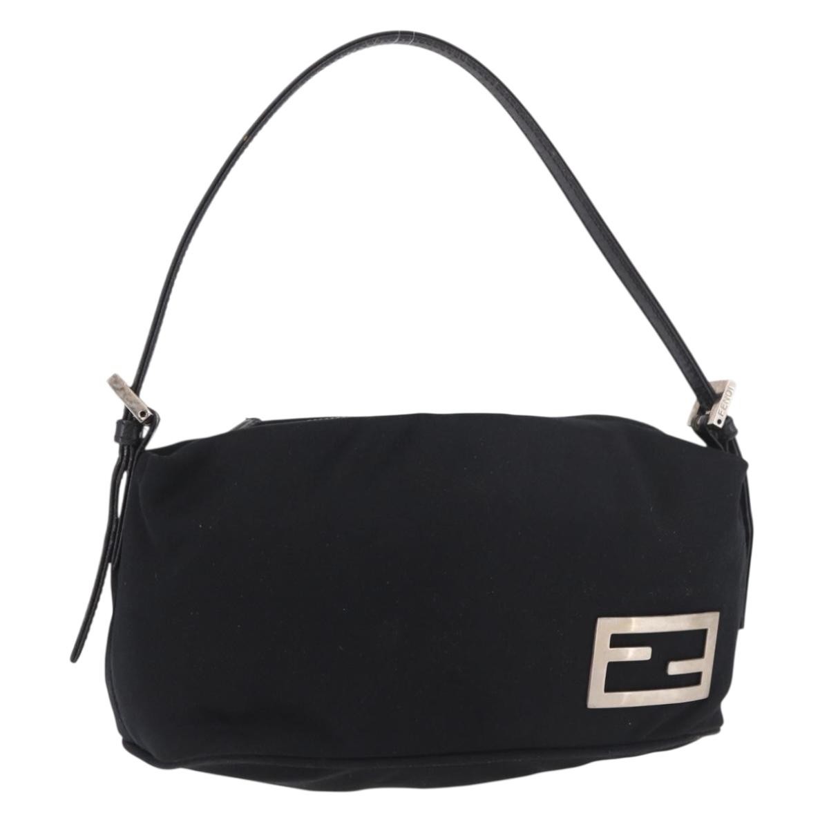 FENDI Shoulder Bag Cotton Jersey Black Silver Auth 186864