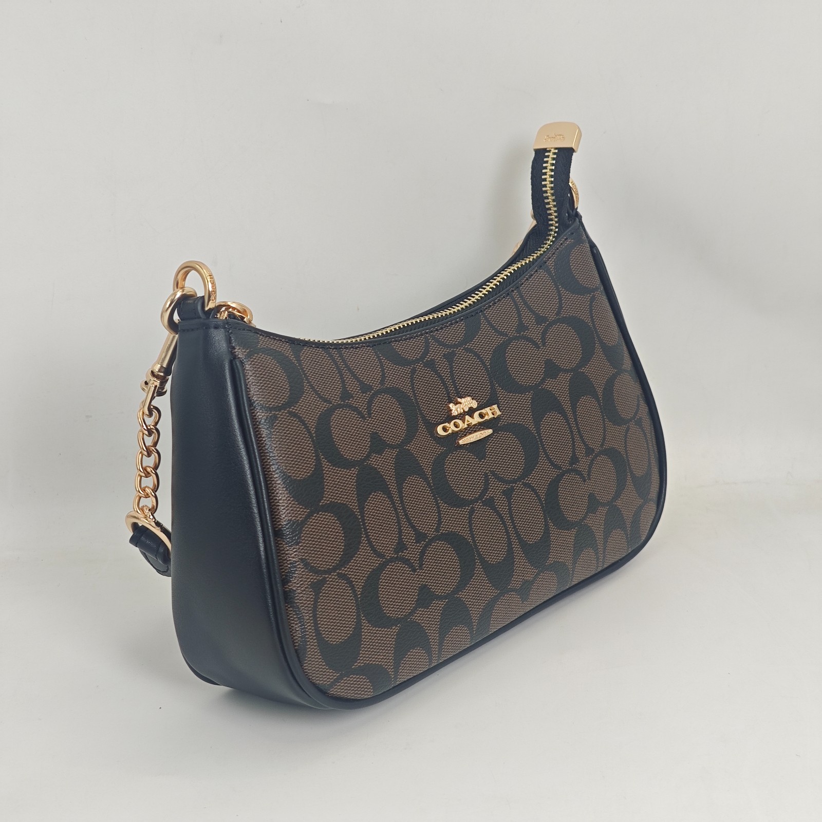 Coach Teri Signature Shoulder Bag Brown Black Chain Strap Crossbody Purse Women