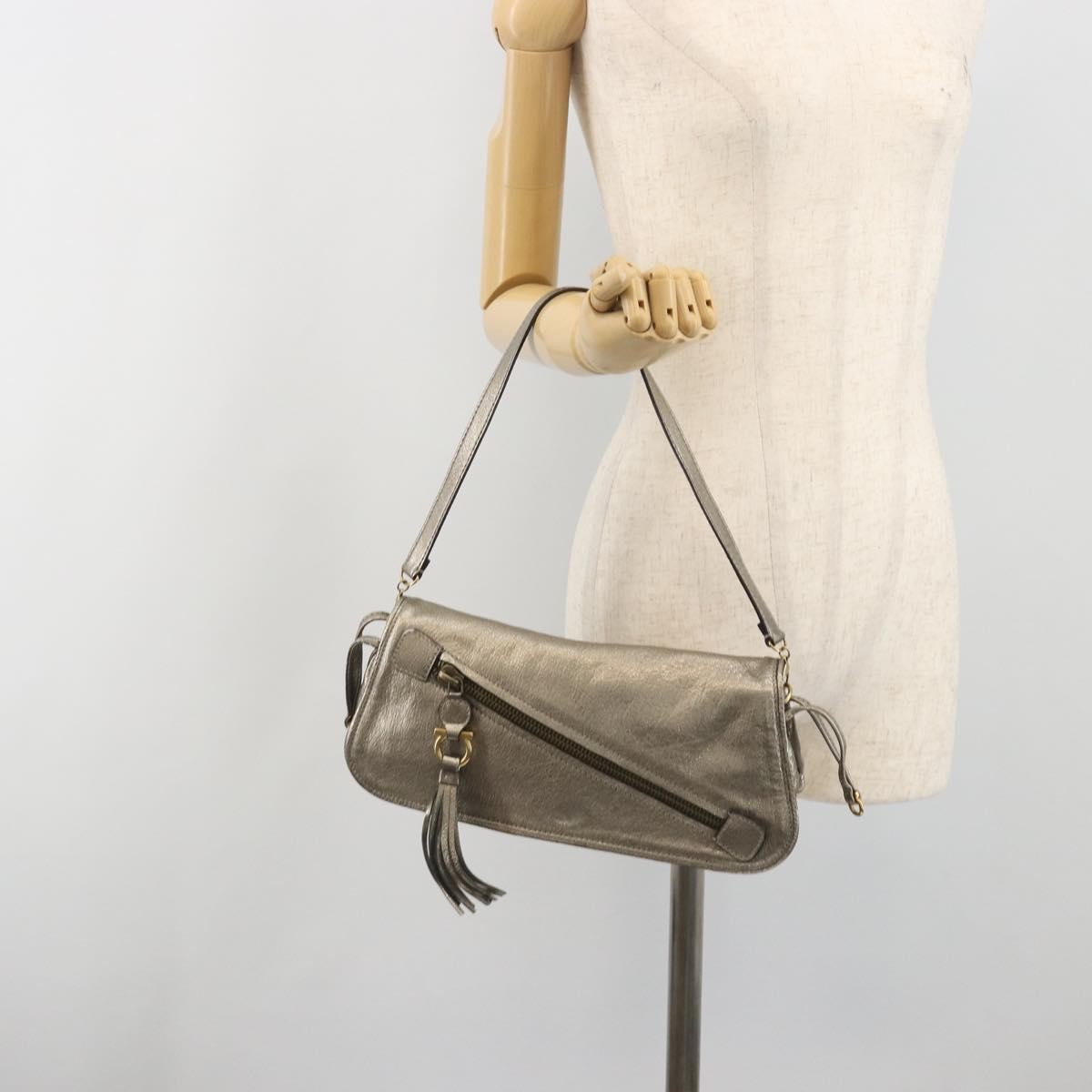 Salvatore Ferragamo Gancini Shoulder Bag Leather Silver Gold Auth 196304A