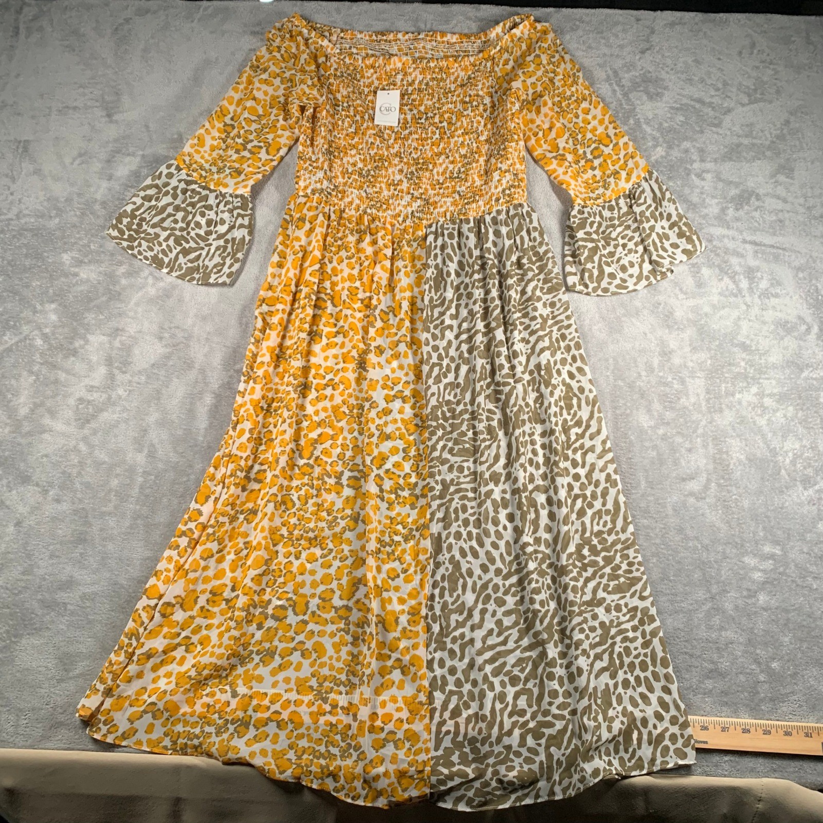 NWT Sheer Cover Up Pool Maxi Off Shoulder Bell Sleeve Animal Print Yellow Beige