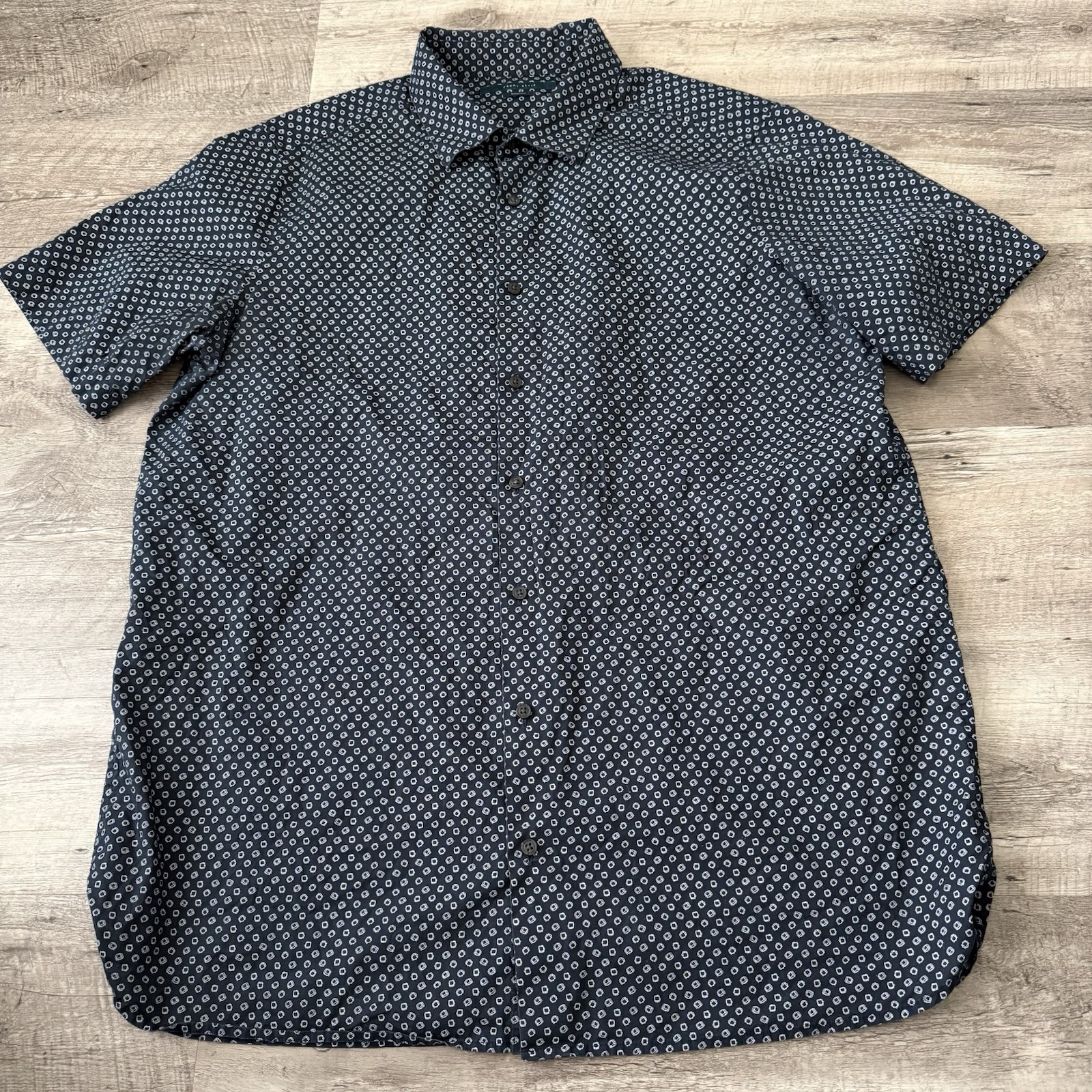 Perry Ellis Shirt Big Tall Mens XLT Navy Blue Geometric S/S Cotton Stretch