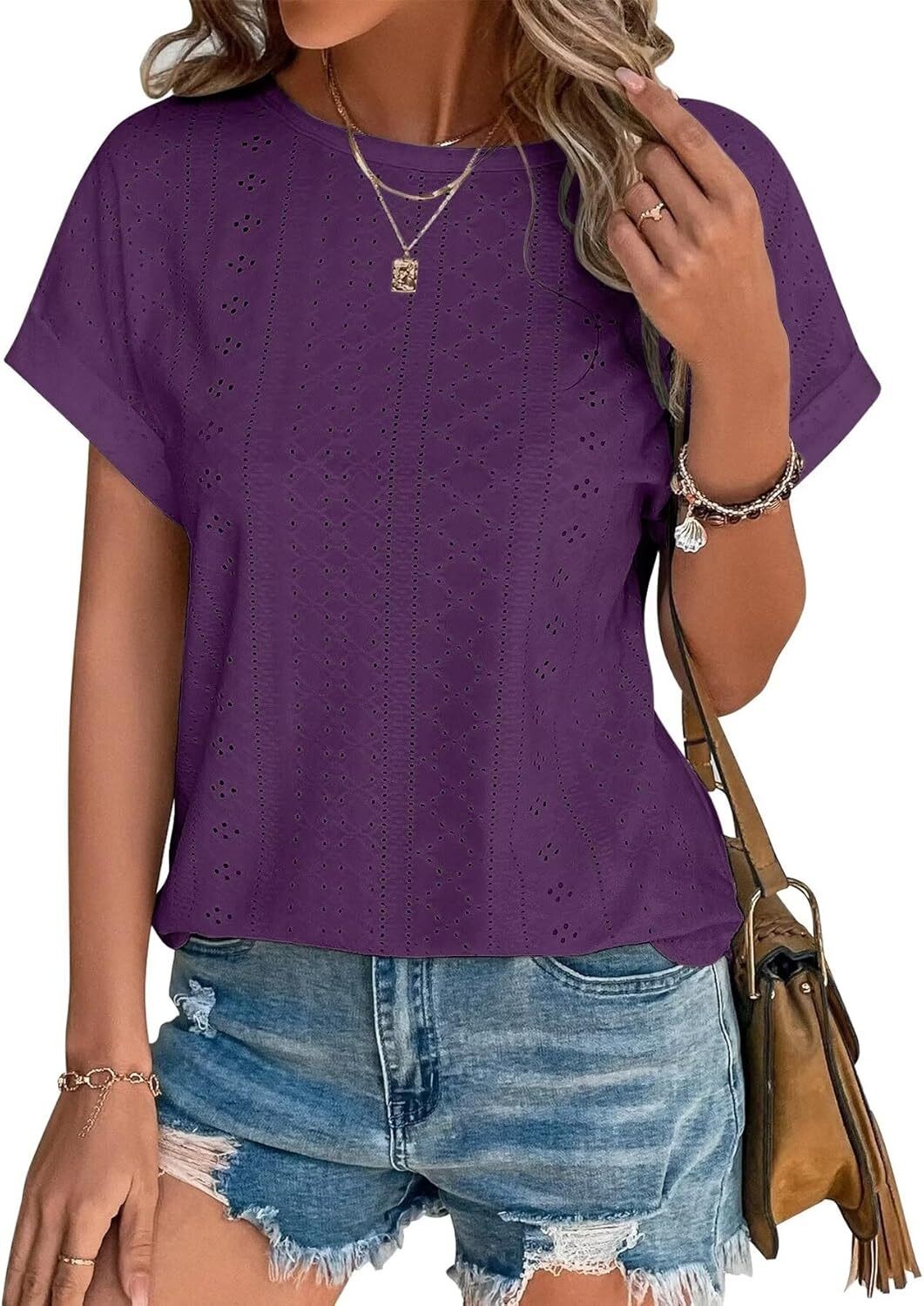 Womens Eyelet Embroidery Top Short Sleeve Curved Hem Loose Fit Summer T Shirt