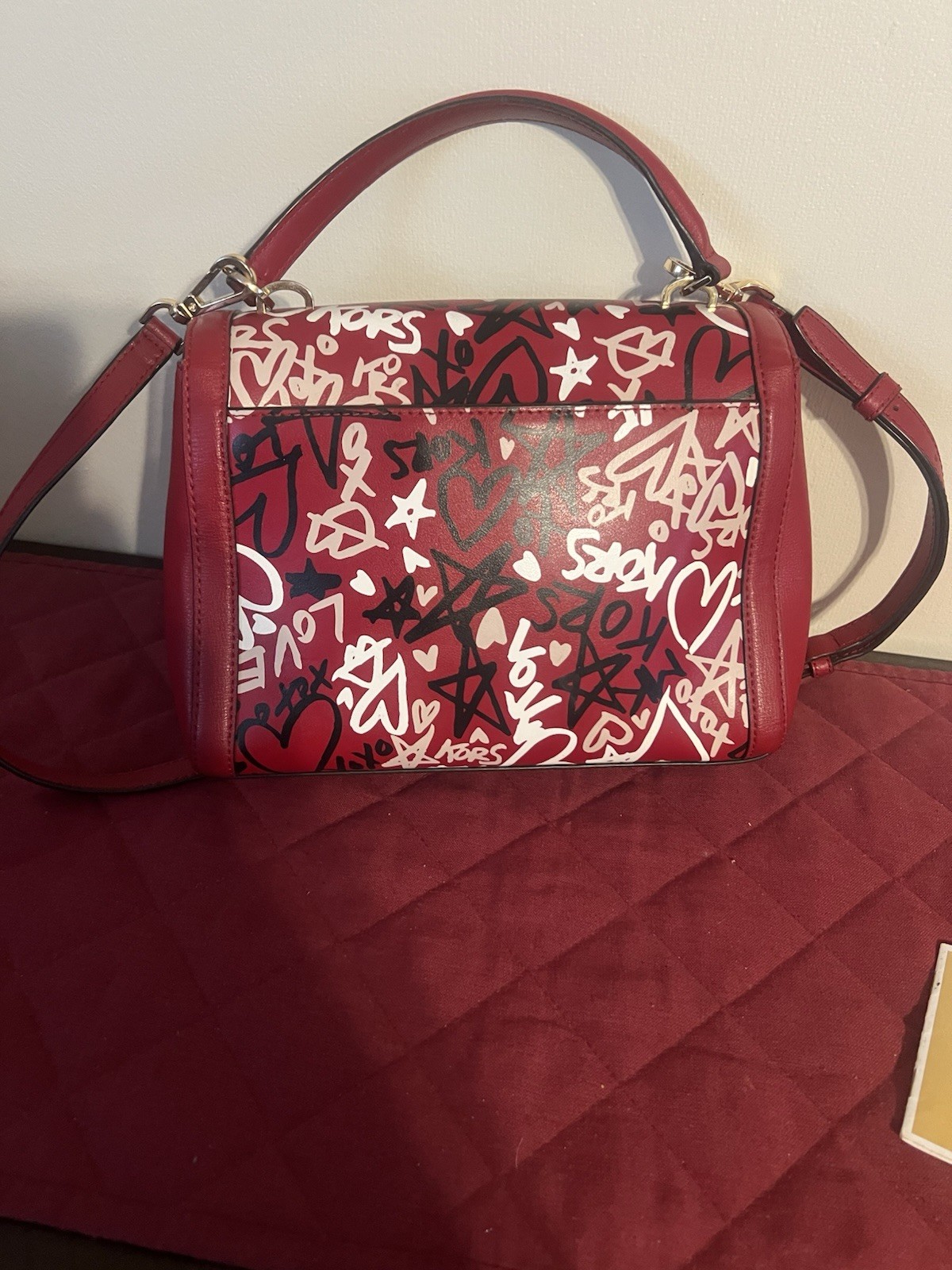 Michael Kors Red Graffiti Heart Small Satchel Top Handle Zip Push Lock Det Strap