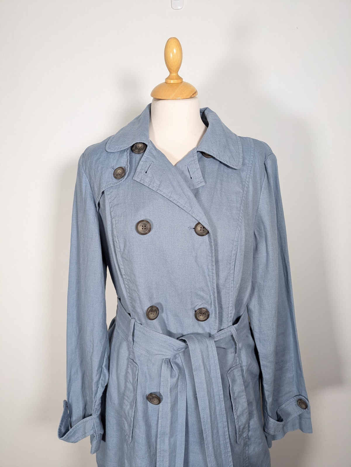 Marks & Spencer Linen Unstructured Mid Length Duster Jacket UK 14 Blue Belted