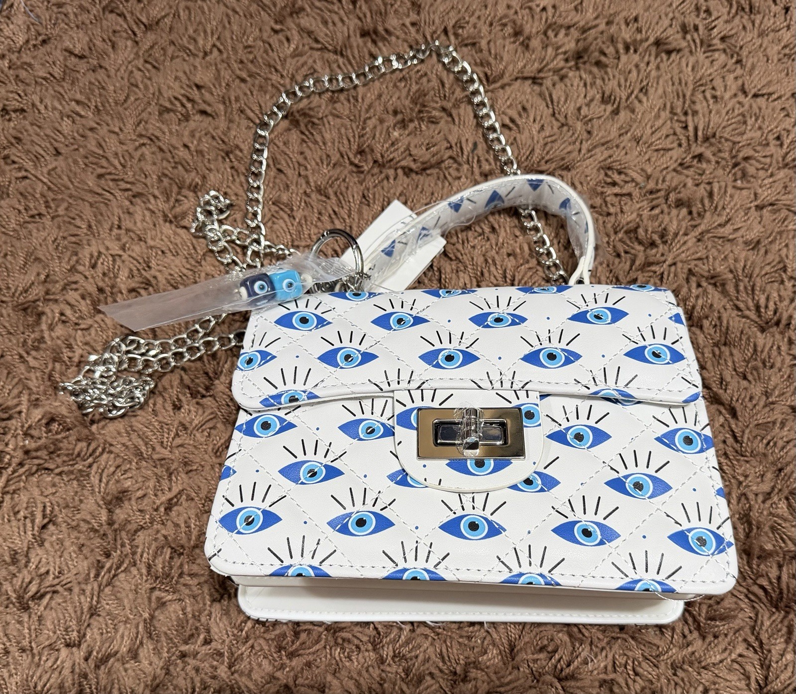 New White 100% Vegan Leather Evil Eye Crossbody Bag Detachable Chain Straps