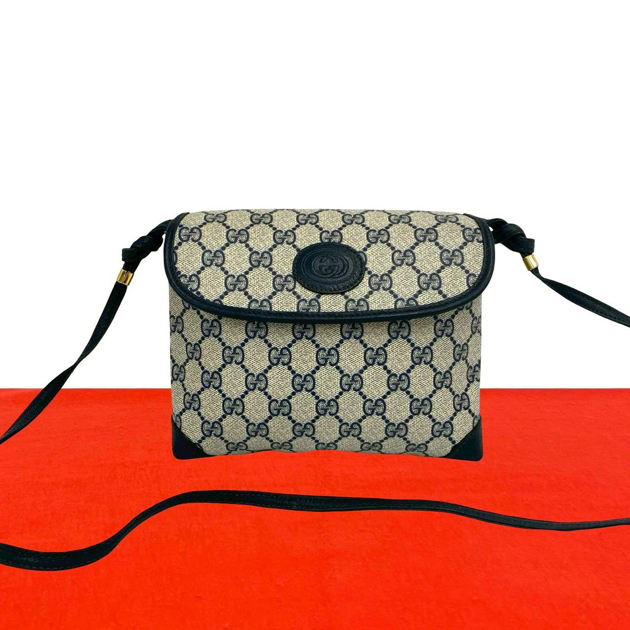 GUCCI Vintage Old Gucci GG Logo Pattern Leather Mini Shoulder Bag Pochette Navy