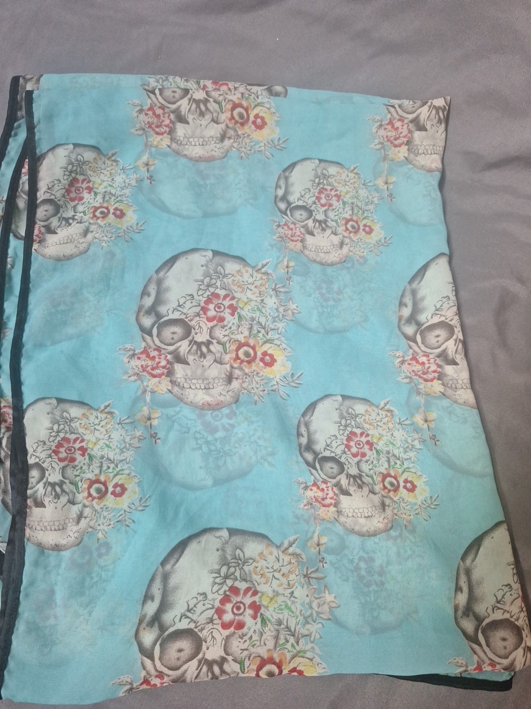 Large Silk Skull Skeleton Scarf Blue Floral 64 x 26 Inches