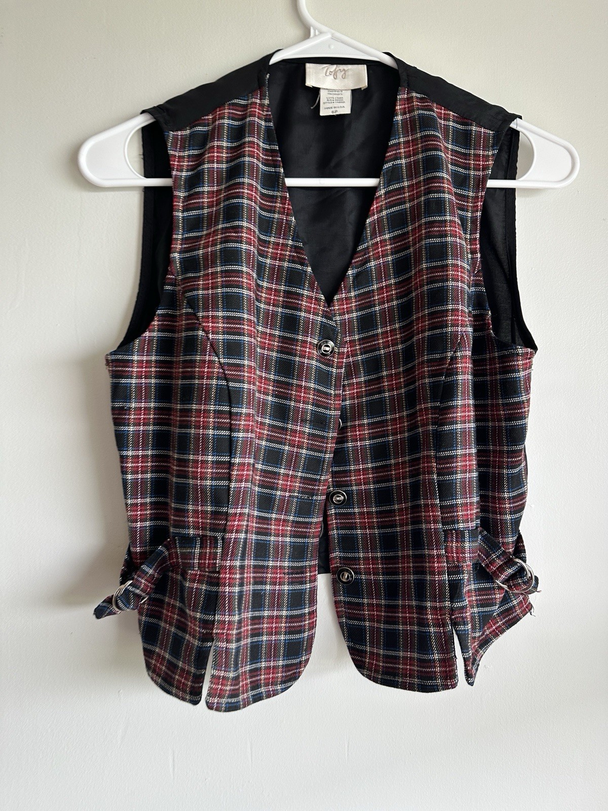 Vintage Tafy Plaid Vest Button Up Adjustable Back Strap Red Black 6P