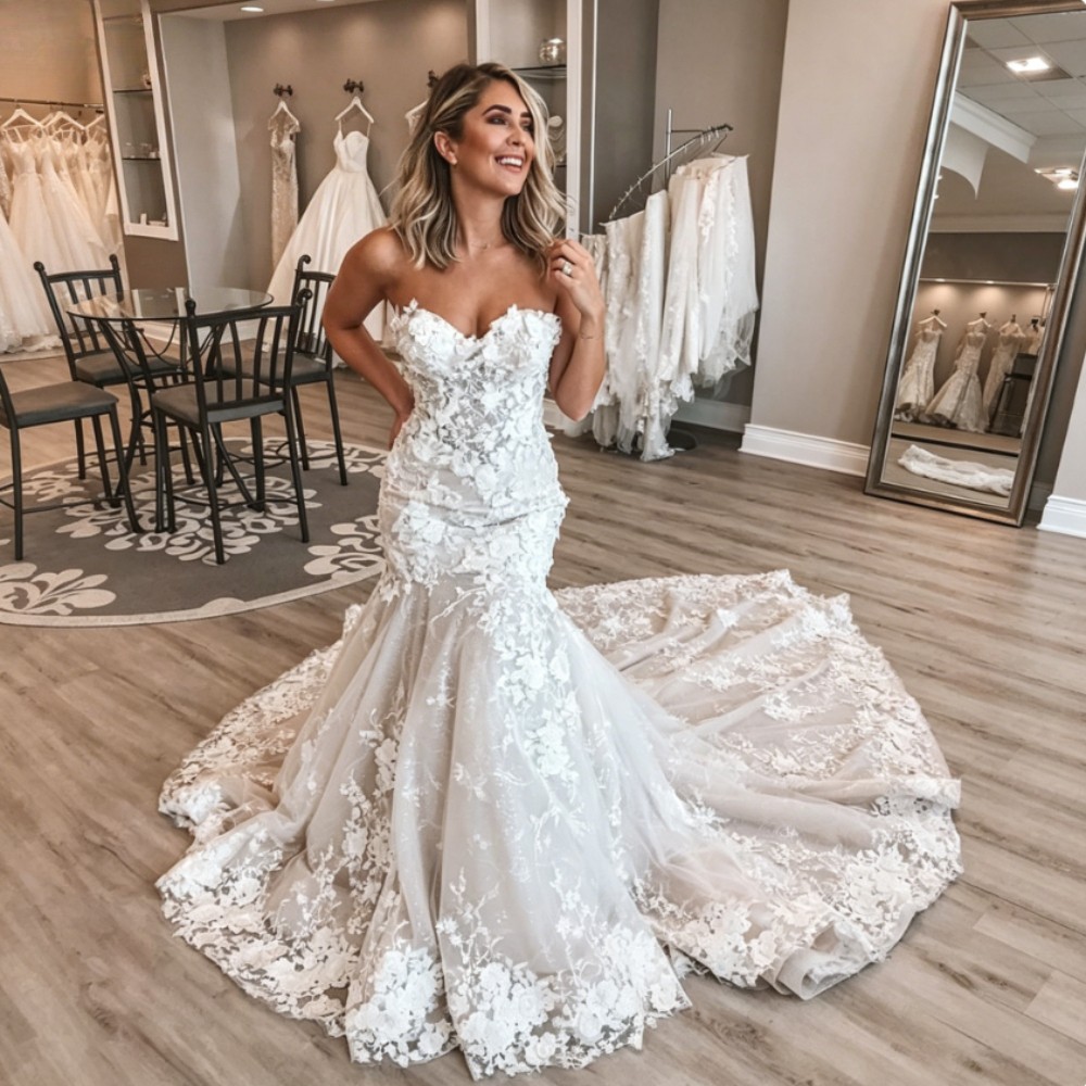 Mermaid Strapless Lace Appliques Wedding Dresses with Court Train Bridal Gowns
